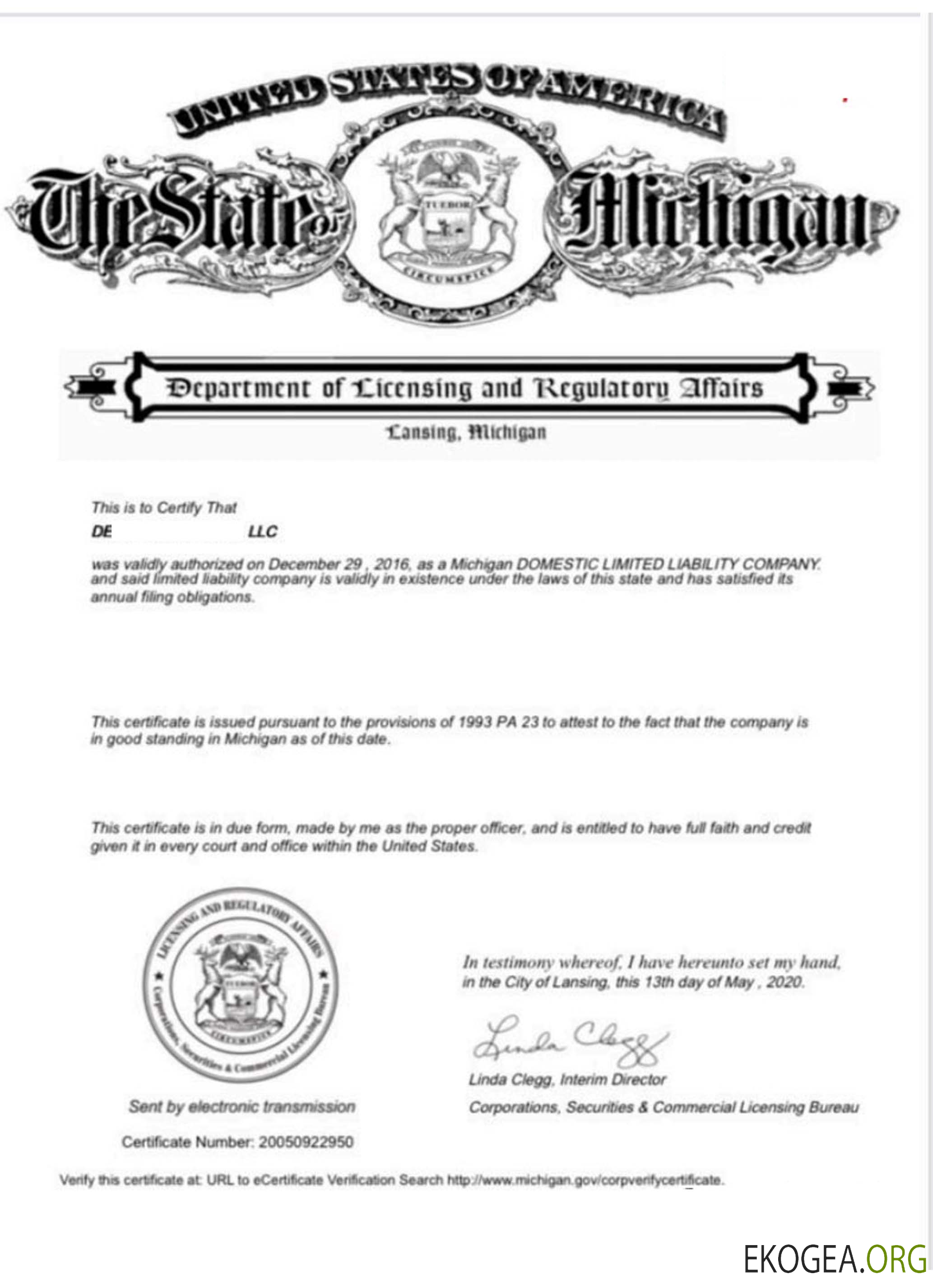 Certificat de bonne réputation des États Unis et du Michigan